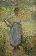 Elisabeth Keyser Fransk bondflicka med mjokspannar oil painting